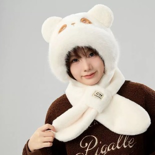秋冬新款熊猫造型毛绒保暖套装帽子围巾一体女款可爱防风防寒套装
