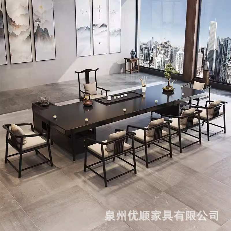 实木茶桌椅组合黑檀色办公室茶室茶台家用新中式接待大板泡茶桌
