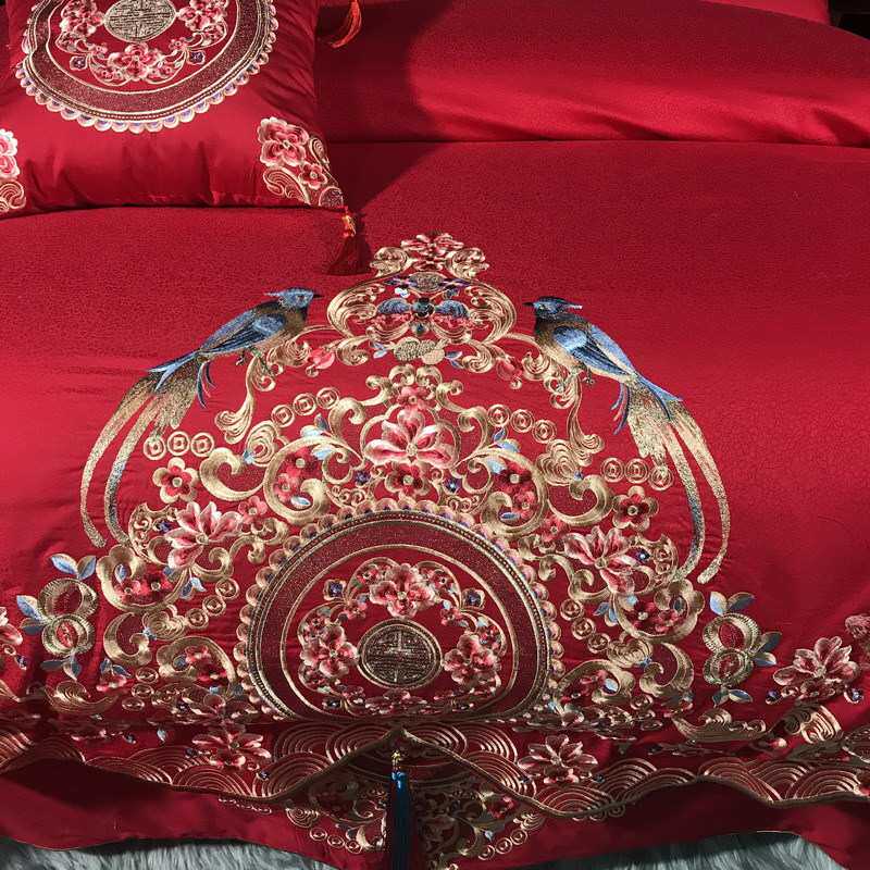 婚礼季80S提花喜庆喜鹊刺绣被套床单四件六件套十件2-19喜上添花