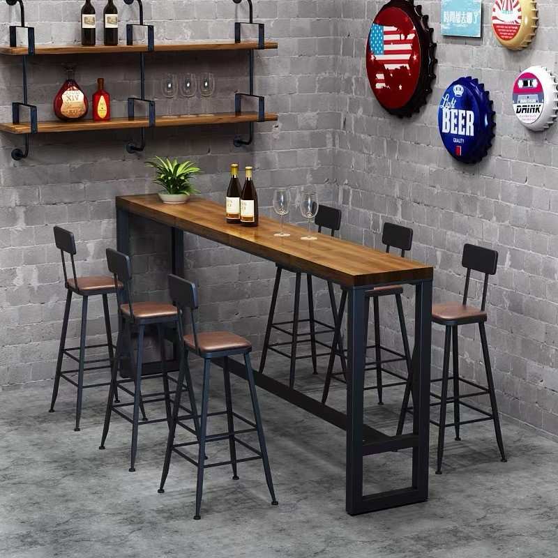 loft工业风复古酒吧咖啡厅奶茶店实木靠墙吧台桌椅组合铁艺高椅