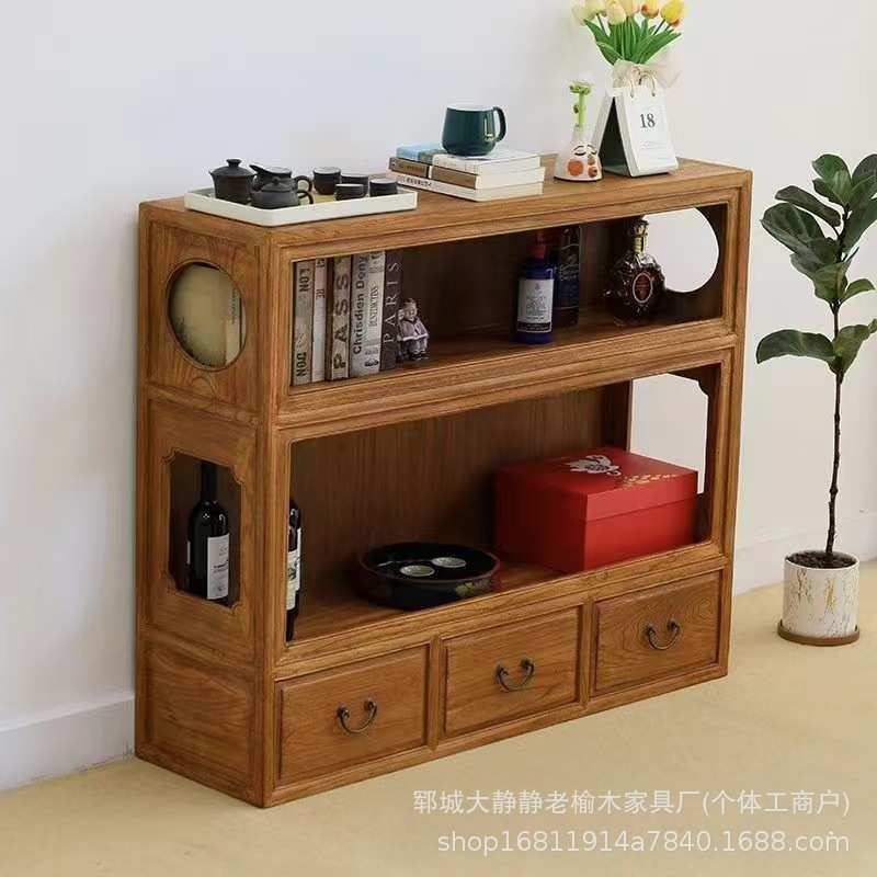 新中式老榆木餐边柜客厅展示收纳柜复古禅意家具实木书柜落地矮柜