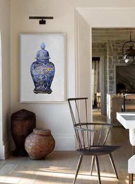 中国风玄关柜素雅蓝色淡墨金青花瓷新中式装饰画客厅玄关餐厅挂画