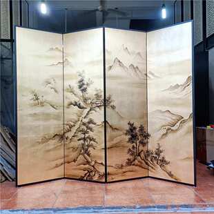 中式复古金箔漆画山水屏风手绘江山如画客厅茶室折叠移动玄关隔断