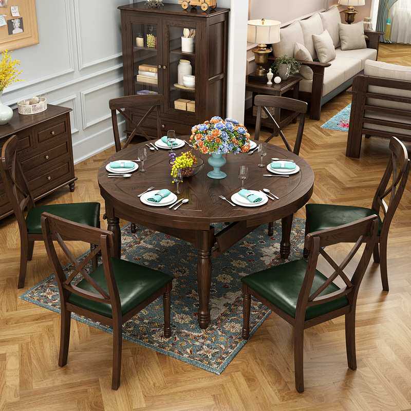 美式实木餐桌椅组合折叠家用方圆两用白蜡木白色简约可伸缩吃饭桌