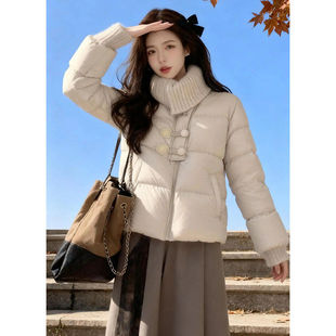 富家千金感羽绒棉服女2025超火高端针织拼接翻领巨好看的冬装外套