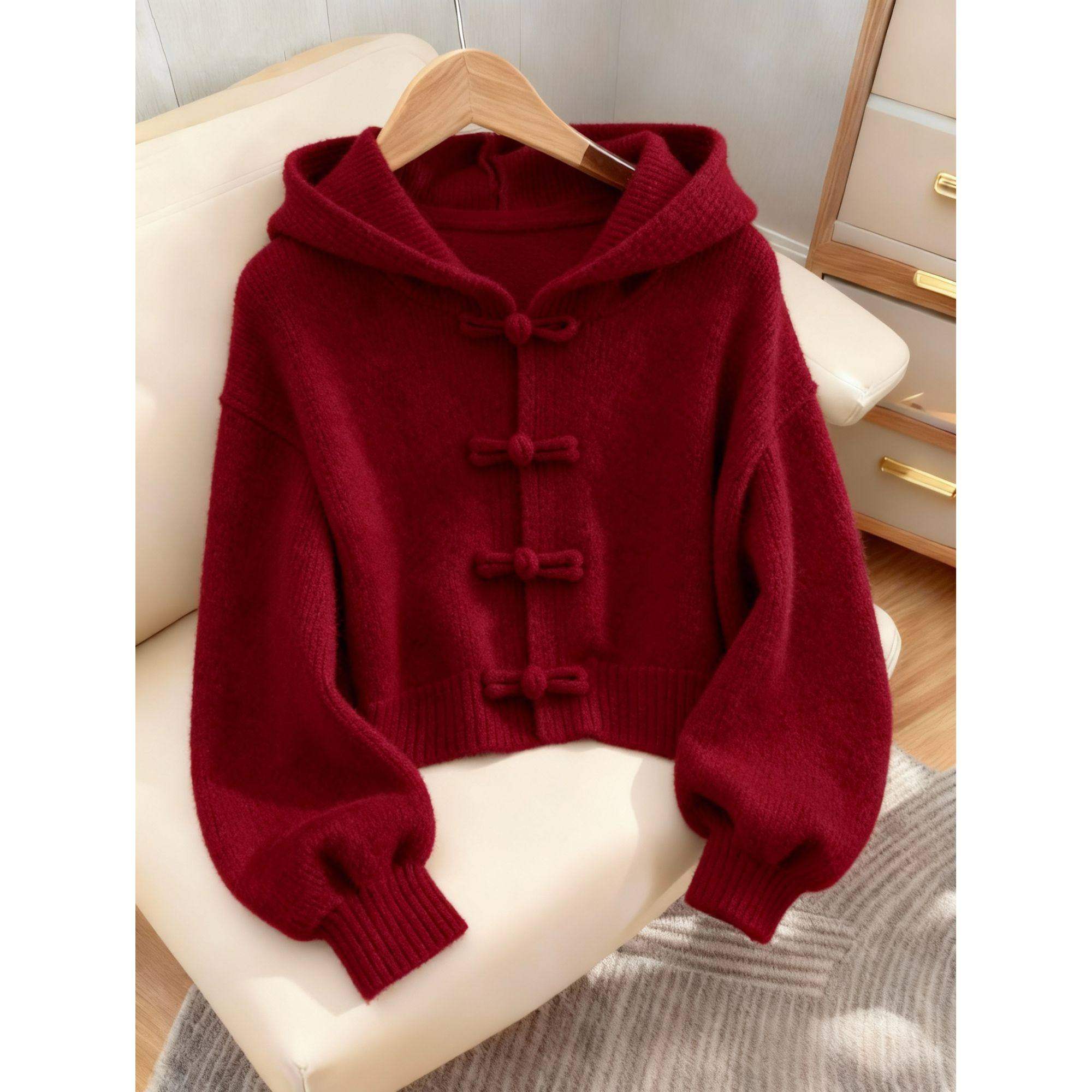 新中式国风盘扣红色连帽毛衣外套2026冬大码女装胖mm针织开衫上衣,女装/女士精品,毛衣,淘宝优惠券,粉丝福利购,淘宝优惠卷