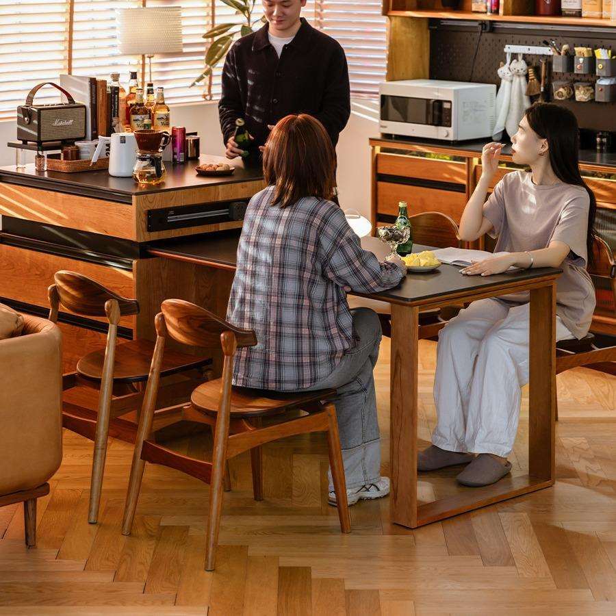 湖心岩板岛台餐桌一体家用可伸缩工作台实木厨房中岛台樱桃木简约