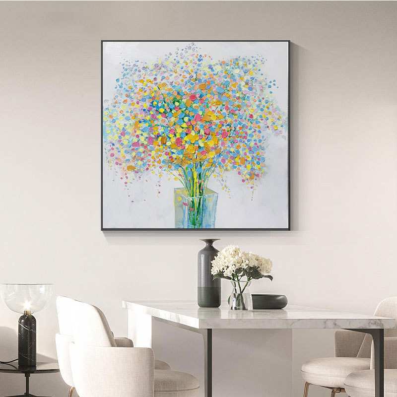 纯手绘轻奢风客厅餐厅花卉装饰画立体唯美式艺术油画简约卧室挂画图片