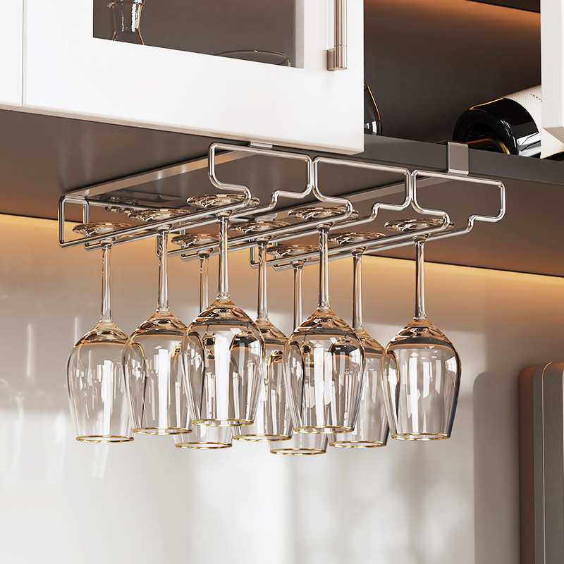 2024新款红酒杯架倒挂悬挂式家用免打孔高脚杯酒柜收纳架