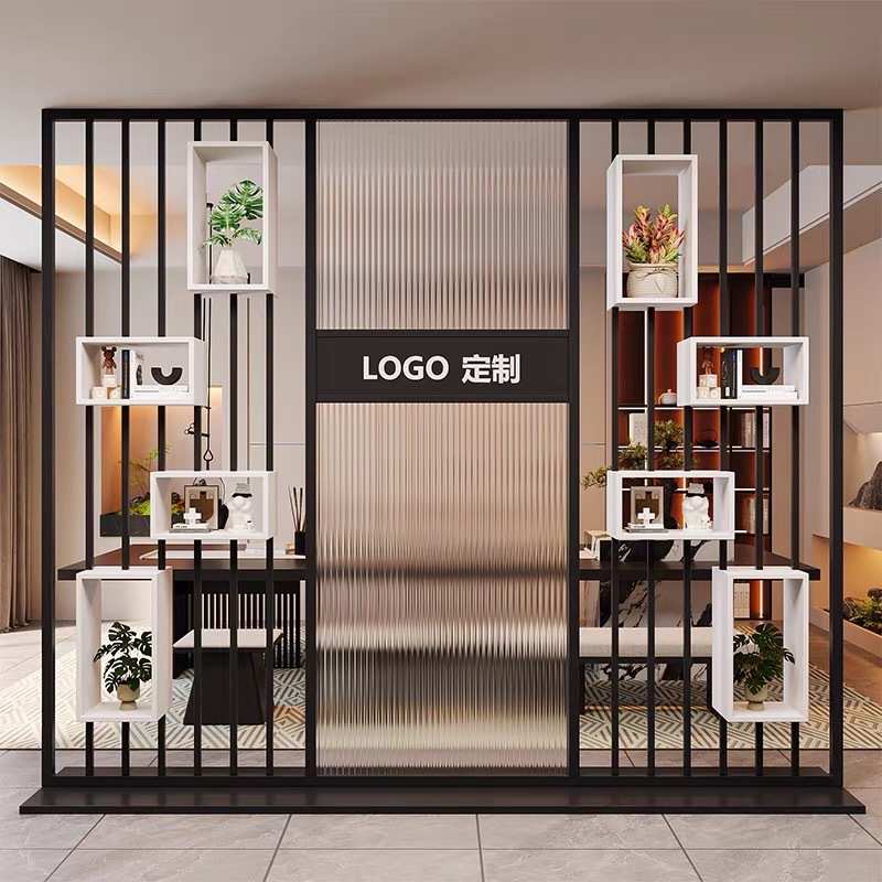 办公室简约玻璃屏风隔断公司进门玄关前台文化logo形象墙屏风隔断