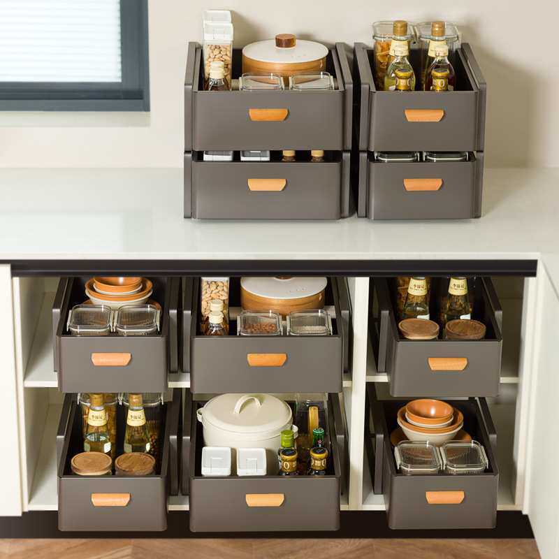 免安装厨房抽拉置物架下水槽分层调料碗碟用品收纳橱柜内抽屉拉篮