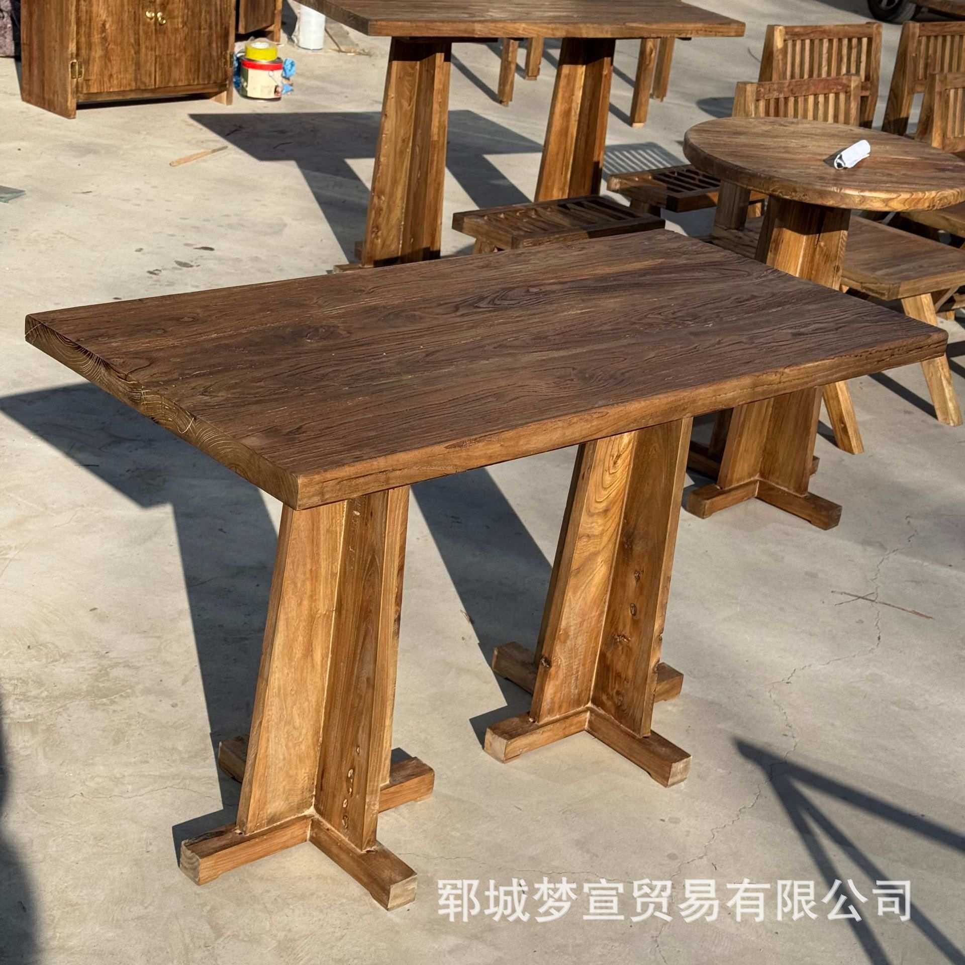 复古老榆木咖啡桌实木圆形办公桌椅小户型组合餐桌阳台喝茶桌茶几
