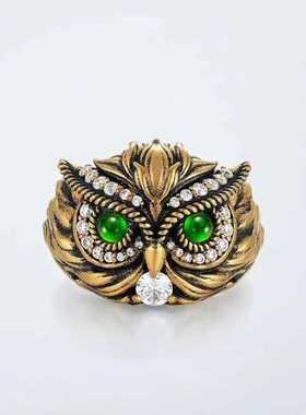 复古猫头鹰戒指男士个性霸气金色雄鹰食指戒欧美跨境动物开口指环