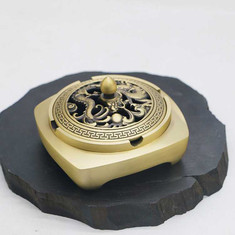 创意黄铜烟灰缸带盖个性烟缸家用客厅办公室中式茶几桌面精美摆件