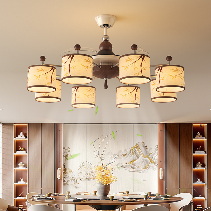 宋式美学客厅风扇吊灯新中式大厅吊灯中古布艺创意静音一体吊扇灯