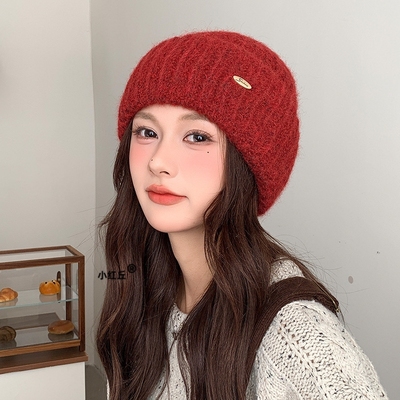红色毛线帽女高级感秋冬冷帽大头围针织帽显脸小保暖护耳堆堆帽子