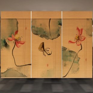 复古日式 定制竹帘窗帘印花卷帘家用山水荷花中式 遮光隔断门帘帘子