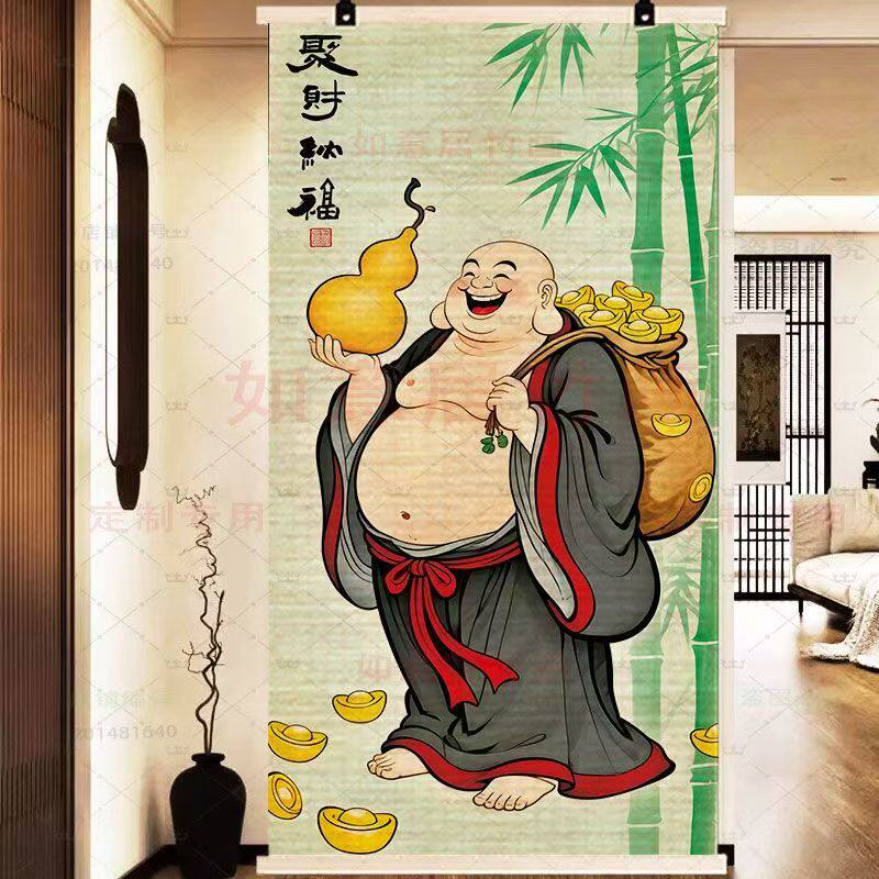 新中式大肚弥勒佛有框竹帘挂画