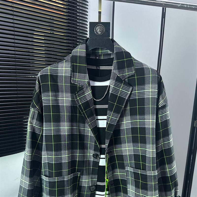 穿出青春~时尚绿格子纹宽松港风西服