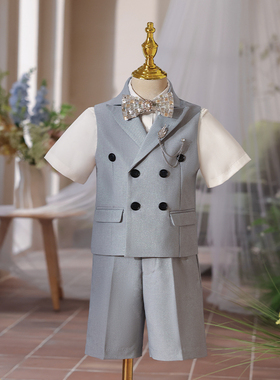 主持人礼服男童2024新款夏季灰色儿童西装套装花童钢琴演出服生日
