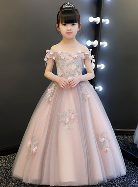 一字肩女童婚纱小主持人儿童生日晚礼服公主裙花童钢琴演出服长裙