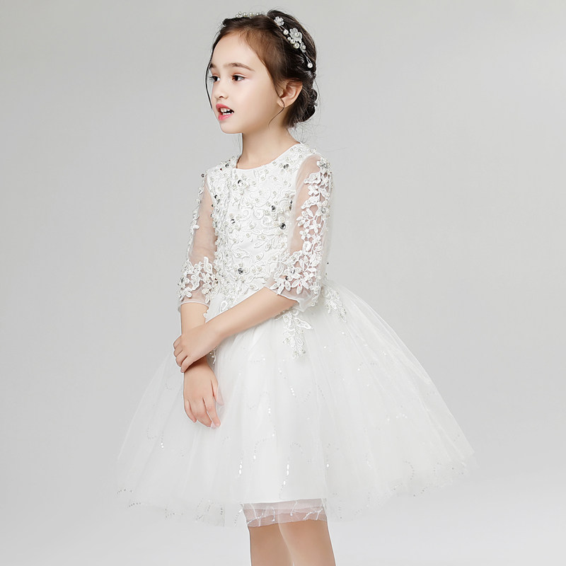 小花童礼服公主裙儿童晚礼服女童婚纱生日蓬蓬裙主持人演出白色夏