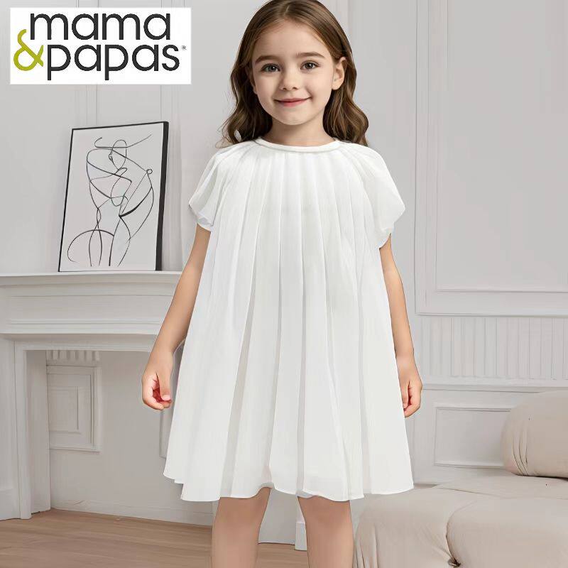 外贸原单童装 女童简约风百褶雪纺裙 白色短袖宽松连衣裙夏季透气