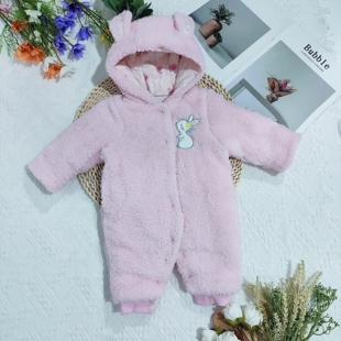婴童冬装连体衣长爬婴幼儿毛绒棉服连帽女童粉色兔子夹棉爬服包脚