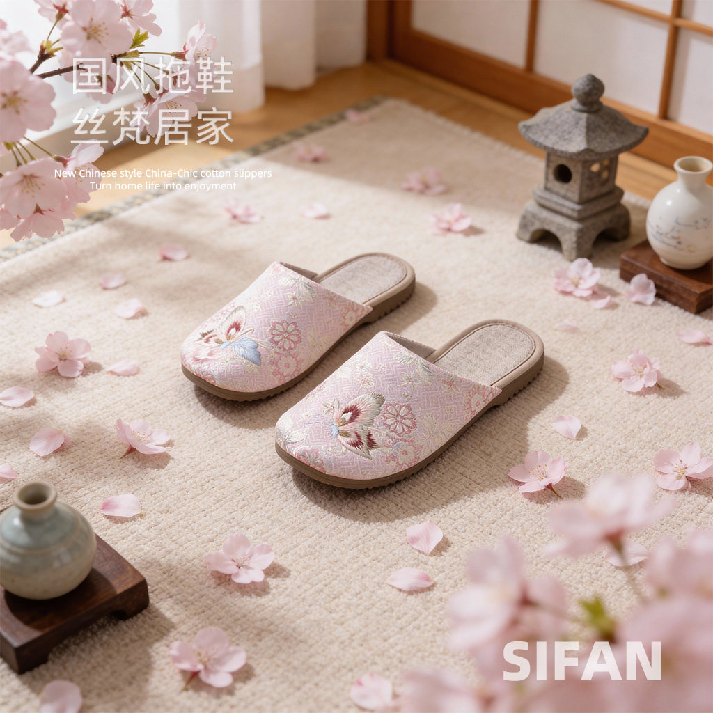 丝梵亚麻新中式国风绣花拖鞋居家防滑吸汗女民族风刺绣汉服旗袍鞋