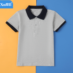 男童夏天短袖POLO衫灰色藏青领女童半袖T恤中大童小学生校服上衣