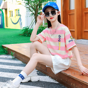 短裤 女童夏季 儿童洋气条纹短袖 2022新款 小女孩两件套潮大童 a套装