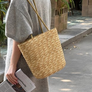 休闲文艺度假沙W滩包单肩水桶 新款 复古法式 大容量草编包2025夏季