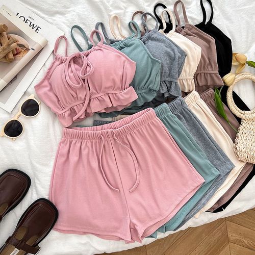 系带荷叶边吊带背心上衣+高腰显瘦阔腿裤K休闲裤短裤热裤两件套女