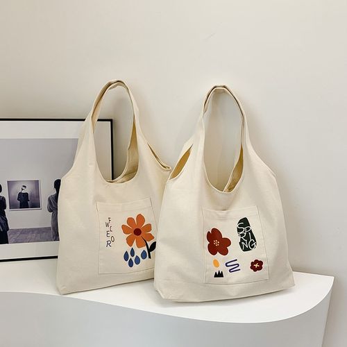 帆布手提袋e简约插画百搭文艺大容量女大学生单肩背心帆布包袋