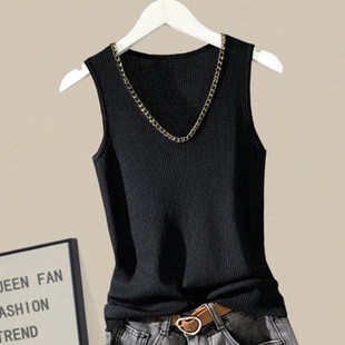 外穿工字v领吊带背心E女胖妹妹内搭针织无袖 夏季 坎肩上衣 女装 大码