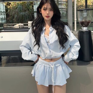 2025早秋季甜美气质多s巴胺格子衬衫外套蕾丝吊带背心上衣裙裤套