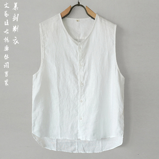 T恤青年潮流复古纯色水洗圆领衫 休闲亚麻背o心坎肩无袖 男式 夏季