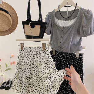 木耳边边拼接碎花蛋m糕短裙女春夏高腰A字小个子甜美垂感半身裙子