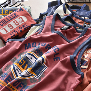 T恤男汗衫 纯棉无袖 复古潮流印花宽松休Y闲篮球汗背 夏季 运动潮品