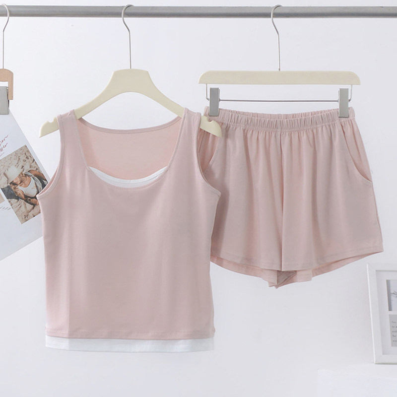 兰精棉莫女款拼色带胸垫背心短裤睡衣/家居服套装