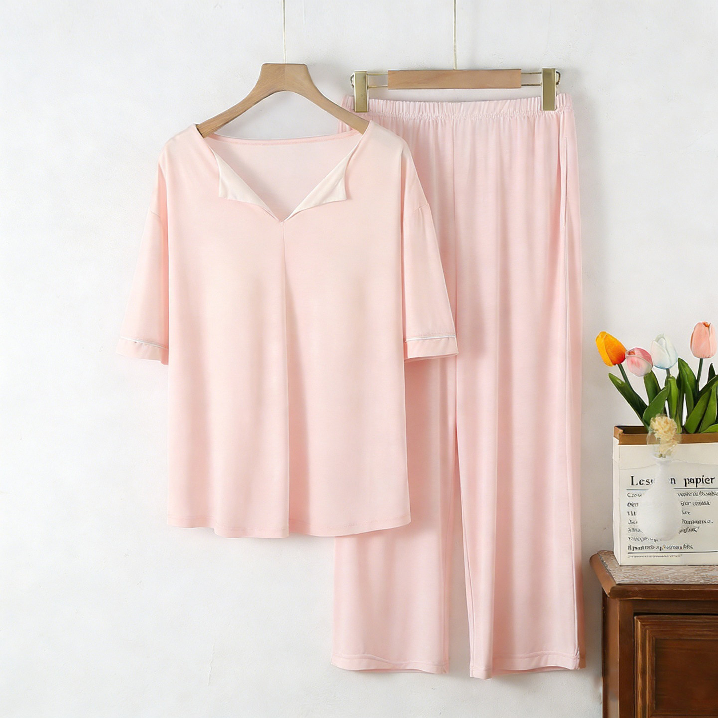 夏女款冰云纱V领拼色短袖七分裤睡衣/家居服套装