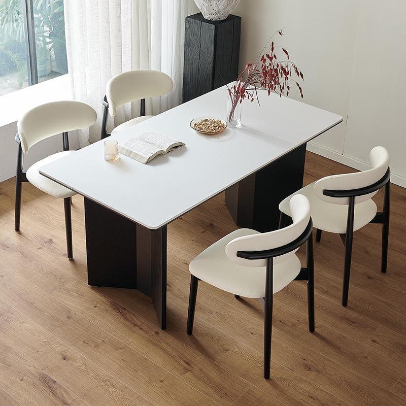 德利丰岩板纯白餐桌 实木全底板饭桌 家用小户型长方形复古桌