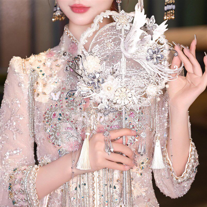 银色团扇结婚新娘材料包手工成品婚扇级秀禾喜扇子出嫁婚礼