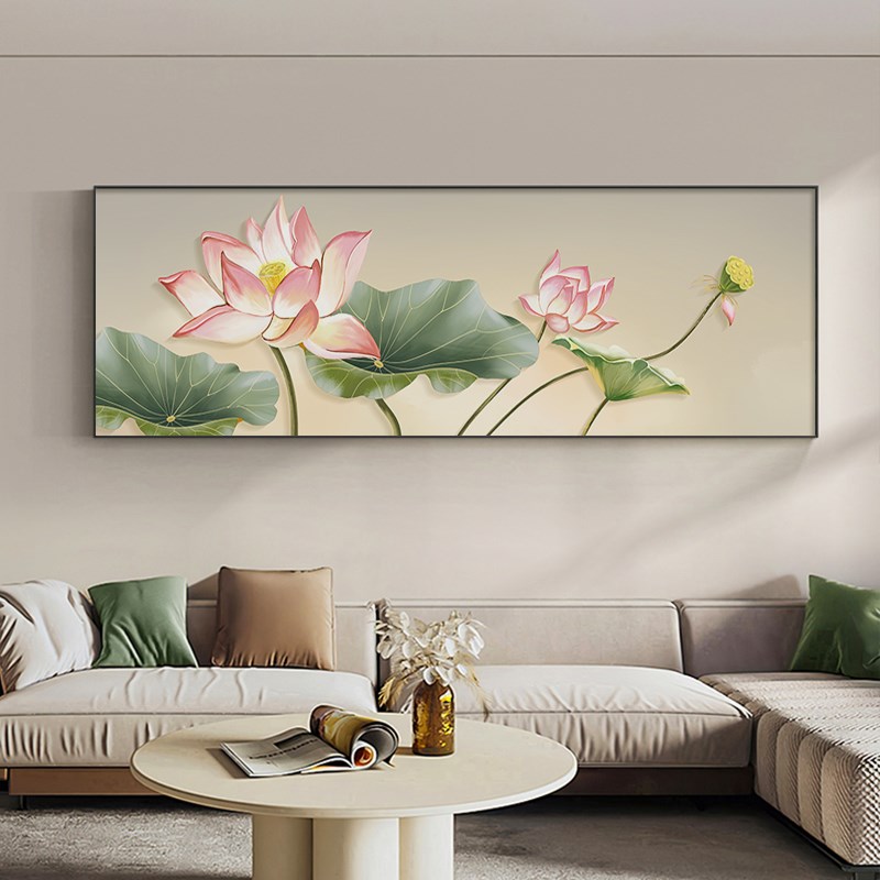 现代荷花卧室床头装饰画横版主卧房间挂画客厅沙发背景墙温馨壁画图片
