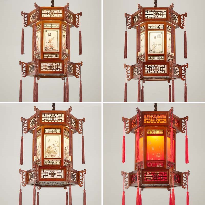 中式吊灯仿古餐厅茶楼实木羊皮火锅店六角宫灯古建筑凉亭走廊灯具
