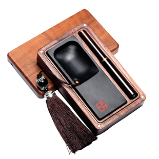 万石君 文创产品便携式书画装携带歙砚 天然 储墨砚台漏 狼毫毛笔