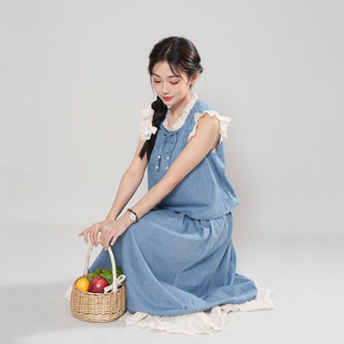 上衣半身裙两件套女小众简约通勤小个子套装 24年新甜美盘扣小飞袖