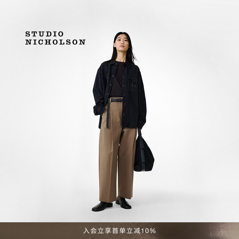 STUDIO NICHOLSON女士NASSER裥褶裤子棉质阔腿裤长裤图片