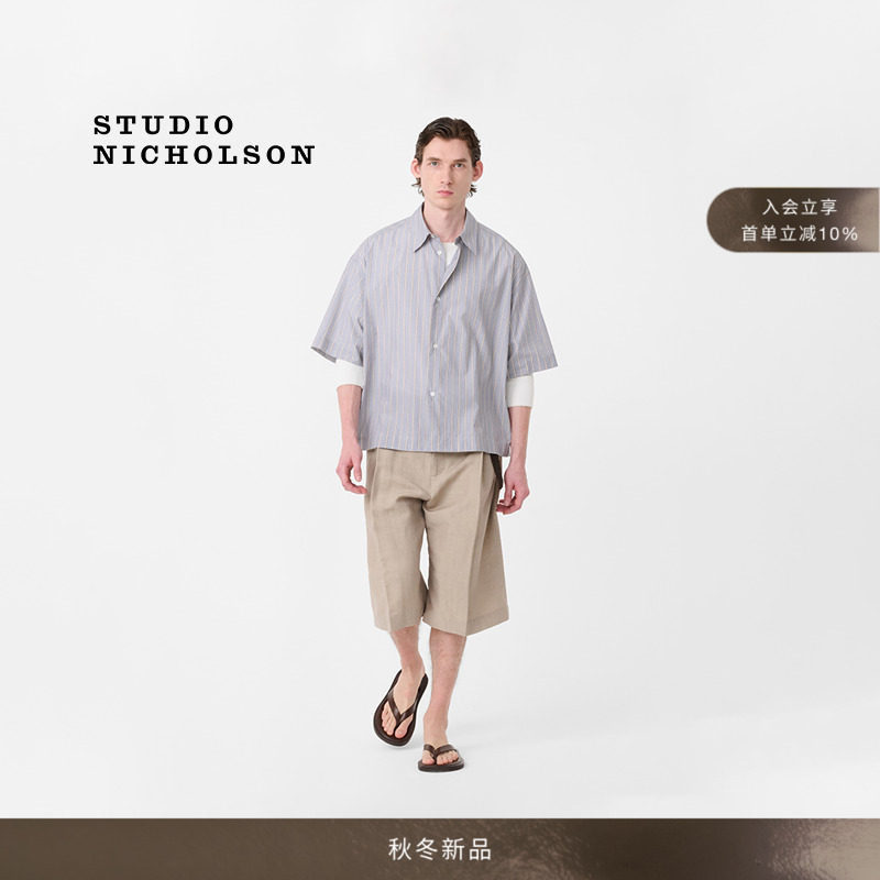STUDIO NICHOLSON男士SANKO短款棉质箱型条纹衬衫图片