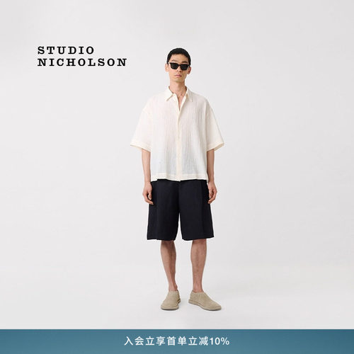 STUDIO NICHOLSON SANKO男士棉混纺褶皱纹理BOXY短袖衬衫
